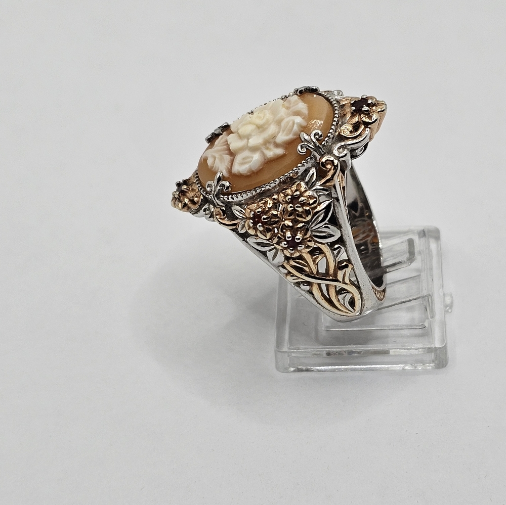 Genuine Handcarved Shell & Orange Sapphire Cameo 💍 Palladium Sterling Sz 9! - Picture 5 of 7